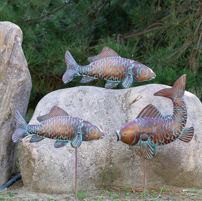 Set of 3 Outdoor Garden Koi Fish Sculptures & Statues Antique Copper Fish Yard Décor, Metal Koi Figurine Ornaments for Outdoors,Patio Decor,Backyard and Home Kitchen Decorations