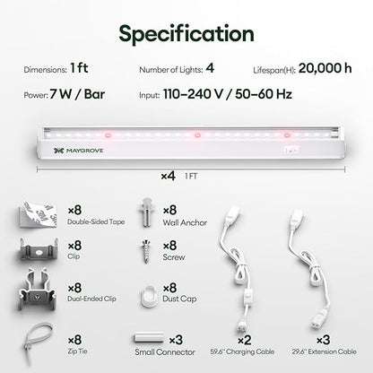 Plant Grow Lights 1FT, Red-Enhanced Full Spectrum 5000K, 28W(4 x 7W), T5 LED Grow Light Strips for Leafy Greens and Vegetables, High PPFD, Linkable, White, 4-Pack