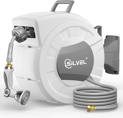 SILVEL Retractable Garden Hose Reel, 1/2 in x 110ft Wall Mount Heavy Duty Automatic Hose Reel with 10 Pattern Nozzle, Any Length Lock & Slow Return System, 180°Swivel Bracket Upgraded UV Resistant