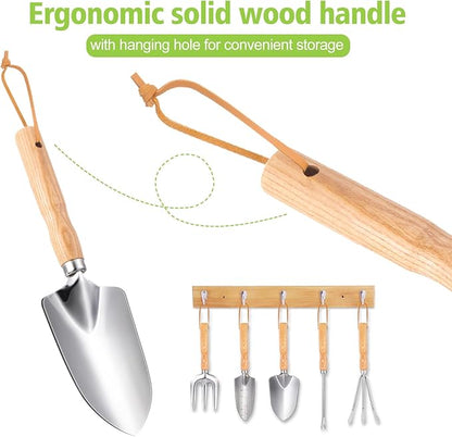 Garden Tools 5-Pieces, Heavy Duty Gardening Hand Tools with Wooden Handle, Canvas Gloves, Stainless Steel Material, Rust-Proof Garden Tool Set, Ideal Gardening Gifts for Women