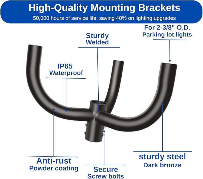 Bullhorn Tenon Adapter Bracket, Fit 3 Parking Lot Light with 2-3/8", Mounting Arm for Round Pole for Slip Fitter Street Area Lights (120 Degree Triple Tenon Heavy Duty Rustproof Durable)
