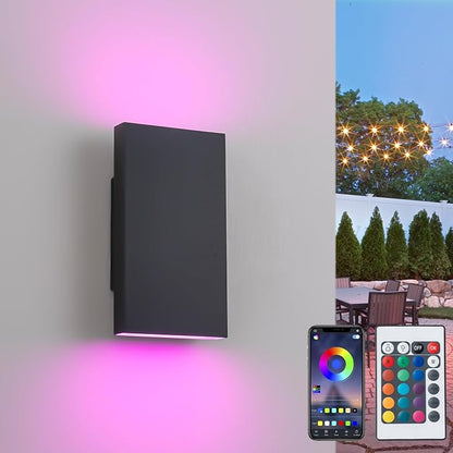 10" RGB Modern Outdoor Wall Light Color Changing Outdoor Sconce Lights with Remote Control or App Control, Black Up and Down Exterior Lighting Fixtures for House Garage Patio Porch