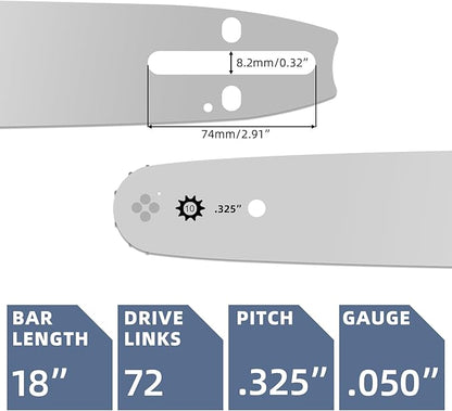 18 Inch Chainsaw Bar and M72 Chain Combo Fit Husqvarna, .325" Pitch .050" Gauge 72 Drive Links Replacement Chains Fit Husqvarna 435, 440, 545, 345, 350, 51, 55 RANCHER, 550XP (3 Chains+ 1 Bar)