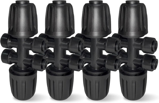 4 Pack 1/2'' to 1/4'' Drip Irrigation Fittings, Push-to-Fit 6 Way Drip Irrigation Part Barbed Tee Connectors, Anti-leak Locked Splitter Fitting for 1/2" Irrigation Tubing (0.6''-0.67''OD)