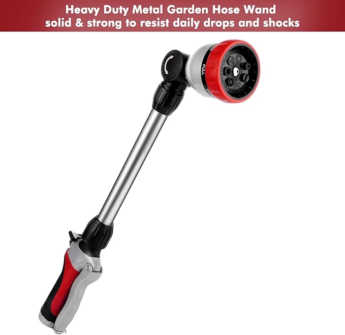 RESTMO Metal Watering Wand, Heavy Duty Garden Hose Wand with 180° Swivel Ratcheting Head, 16'' Hose Nozzle Sprayer with 7 Spray Patterns and Flow Control, for Water Hanging Baskets and Shrubs, Red
