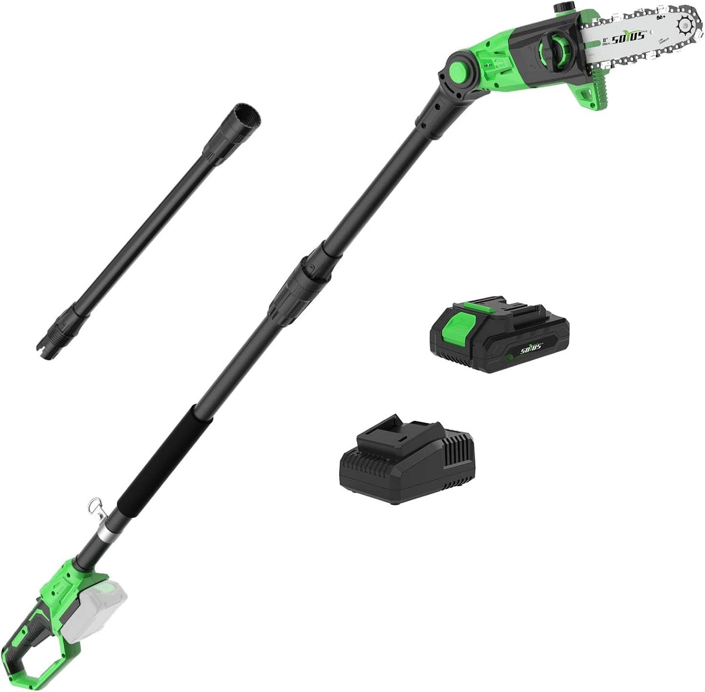SOYUS Pole Saw 8-Inch Cordless, 15-Foot Max Reach Electric Pole Saw for Tree Trimming, 16ft/s Speed, Auto Oiling, Multi-Angle Pole Chainsaw with 2.0Ah Battery & Charger