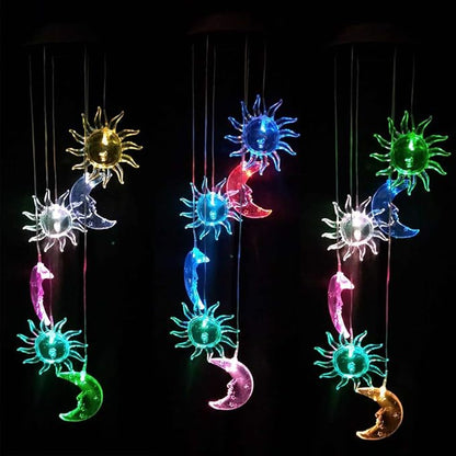 ME9UE Solar Powered Wind Spinner Light, 3 Suns and 3 Moons with 7 Colors Changing Wind Light, Waterproof Hanging Wind Chime Lamp Mobile Suspended Lights for Home Outdoor Garden Lighting Decor