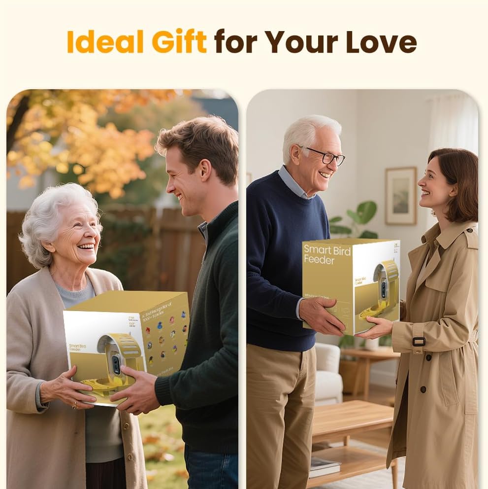 Smart Bird Feeder with Camera, 2.5K UHD Bird Feeder Camera Solar Powerd, Sensitive AI Bird Identification, Instant Alerts Capture Bird Video, IP66 Bird Feeder for Outdoor, Ideal Gift, Yellow