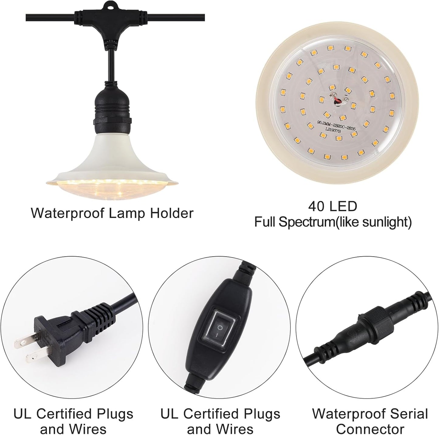 Outdoor LED Grow Lights, Waterproof String Grow Light, Full Spectrum Plant Growing Lights with 42Ft Cord, 12 Lights for Outdoor, Greenhouse Planting, Rainproof and Windproof