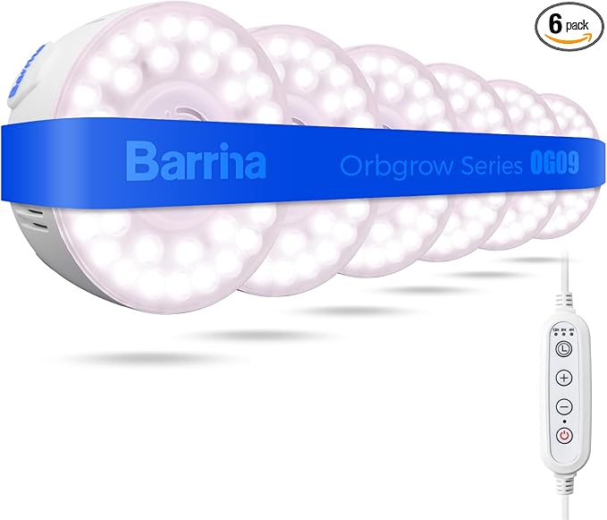 Barrina Orbgrow OG09 Puck Grow Light with Timer, Pinkish White 54W(6 x 9W, 810 Watt Equiv), Full Spectrum Plant Light for Indoor Plants, Magnetic & Linkable, 5 Levels Dimmable for Plant Shelf, 6 Packs