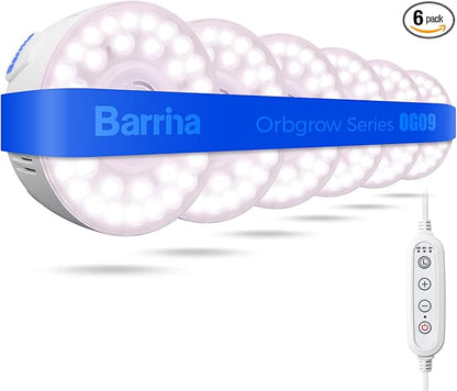 Barrina Orbgrow OG09 Puck Grow Light with Timer, Pinkish White 54W(6 x 9W, 810 Watt Equiv), Full Spectrum Plant Light for Indoor Plants, Magnetic & Linkable, 5 Levels Dimmable for Plant Shelf, 6 Packs