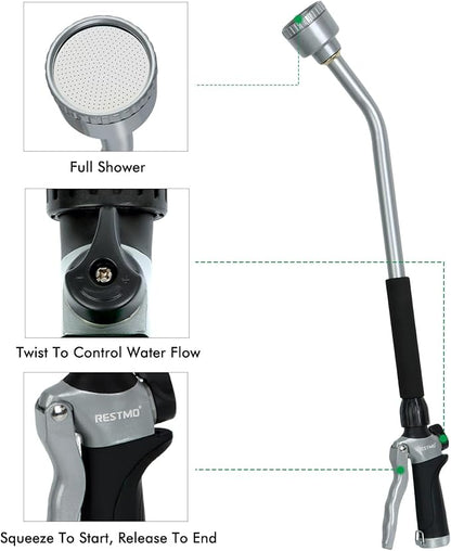 RESTMO Long Watering Wand, 24 Inches Gentle Soft Full Shower Sprayer Wand with Flow Control, Heavy Duty Metal Hose Wand for Hanging Baskets, Shrubs, Plants, Flowers, Garden and Lawn, Black