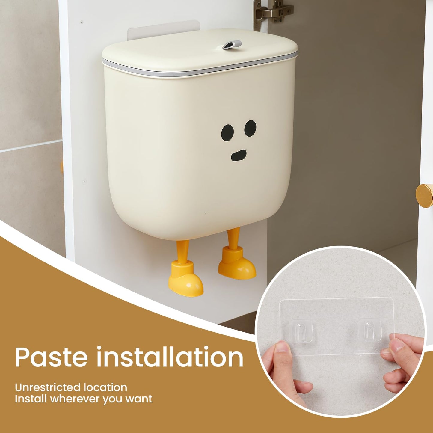 9L Kitchen Compost Bin for Countertop or Under Sink - Hanging Small Trash Can with Lid for Cupboard/Bathroom/Bedroom/Office/Camping, Mountable Indoor Compost Bucket (White)