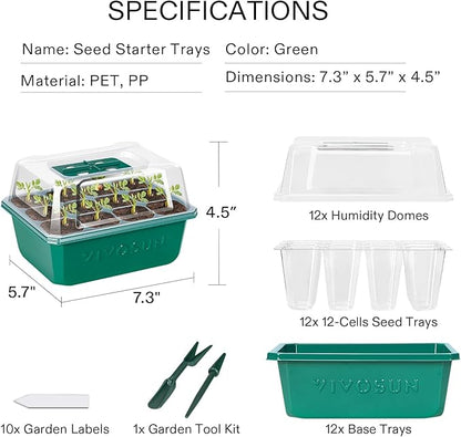 VIVOSUN 12-Pack Seed Starter Trays, 144-Cell Seed Starter Kit with Humidity Dome, Flat Reusable Plant Germination Trays with Drain Hole, Green Propagation Tray for Planting Seeds