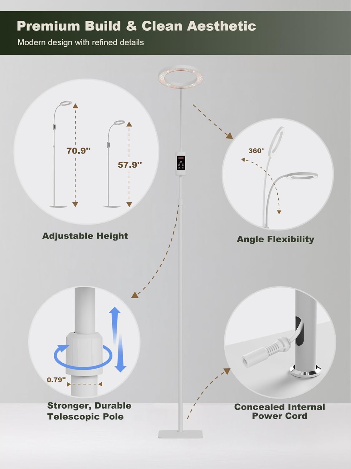 GLOWRIUM Smart Grow Lights for Indoor Plants, 24W Full Spectrum Plant Lights, Bluetooth App & Manual Control, Adjustable Height 47-70.9", Auto Timer, Indoor Plant Lamp for Tall Indoor Plants
