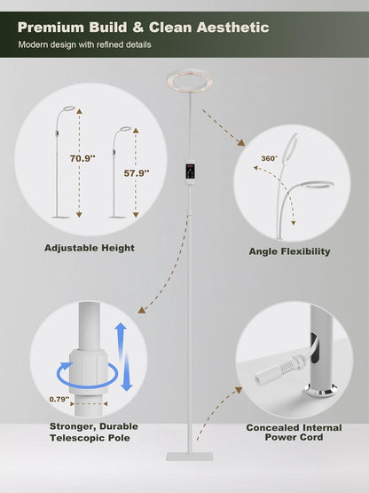 GLOWRIUM Smart Grow Lights for Indoor Plants, 24W Full Spectrum Plant Lights, Bluetooth App & Manual Control, Adjustable Height 47-70.9", Auto Timer, Indoor Plant Lamp for Tall Indoor Plants