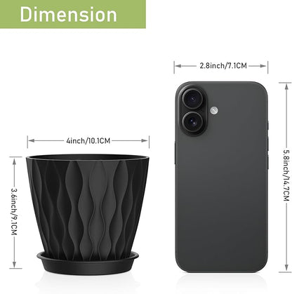 12 Pack 4 Inch Small Plant Pots with Saucers, Waffle Texture Plastic Planters with Drainage Holes for Indoor and Outdoor Plants, Flowers, Herbs, Succulents, and Seedlings, Black
