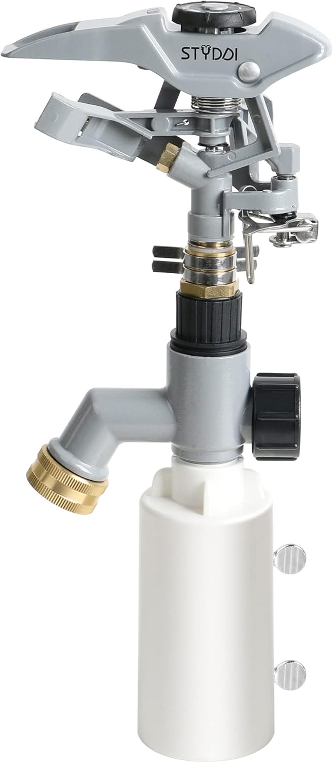 STYDDI T-Post Fence Sprinkler, Metal Impact Sprinkler Head on Fence T-Post Base with Flow Through, Irrigation Zinc-Alloy Adjustable T-Post Impulse Sprinkler