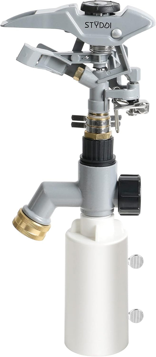 STYDDI T-Post Fence Sprinkler, Metal Impact Sprinkler Head on Fence T-Post Base with Flow Through, Irrigation Zinc-Alloy Adjustable T-Post Impulse Sprinkler