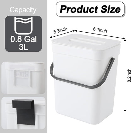 Compost Bin Kitchen, for use on Countertops or Under Sinks, Hanging Trash Can with Lid, for Cupboard/Bathroom/Bedroom/Office/Camping, Mountable Indoor Compost Bucket(White 0.8 Gallon/3L)