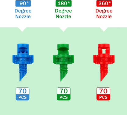 210Pcs Drip Irrigation Emitters 90/180/360 Degree Micro Sprinkler Heads Misting Sprinkler Refraction Automizing Micro Sprayer Irrigation Misting Nozzles for Plants Water Garden Irrigation System