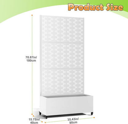 Metal Raised Garden Bed with Trellis, 2-in-1 Planter Box & Privacy Screen for Climbing Plants, Outdoor Standing Flower Bed with Drainage Holes, 35.4" L x 15.7" W x 70.1" H, White-Brick