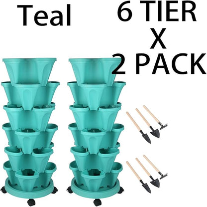 Vertical Planter 6 Tier Stackable Planters Garden Planters Strawberry Herb Flower and Vegetable Planter Indoor Outdoor Gardening Pots with Removable Wheels and Tools