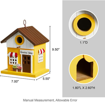 Glitzhome Birdhouses for Outdoors,Solid Wood Hanging Bird Houses for Outside, 9.5" H Modern General Store Decorative Pet Cottage Outdoor Garden Birdhouse for Outdoor Patio,Yellow