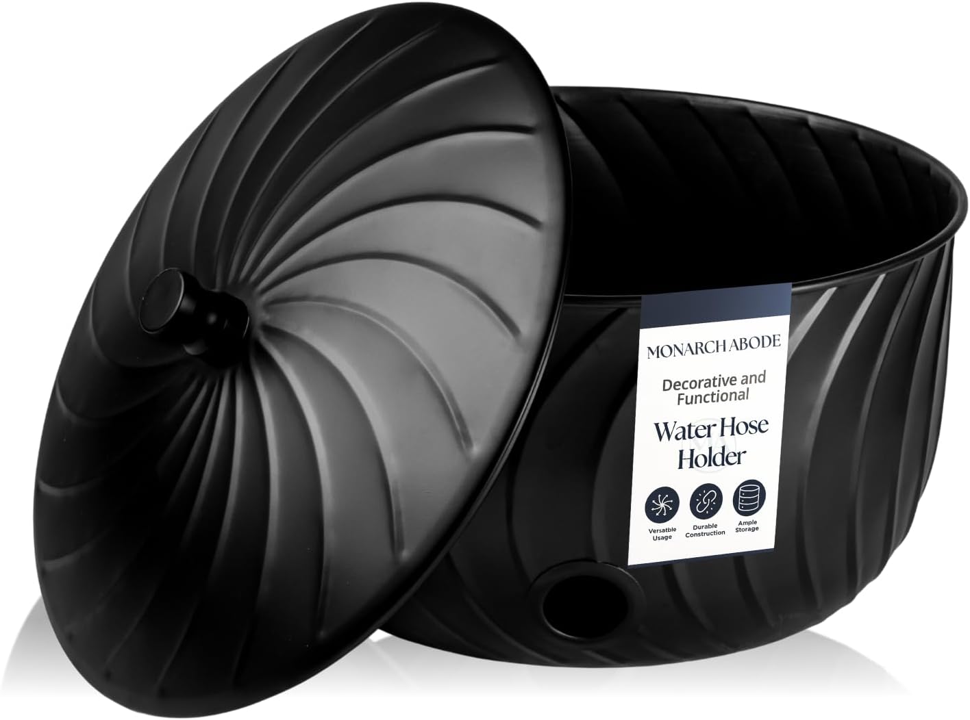 Monarch Abode Decorative Garden Hose Holder with Lid, Matte Black Storage for Outdoor Use, 100 ft Water Hose Pot for Outside, Wave Embossed Metal Pot with Drainage, Garden Storage Organizer