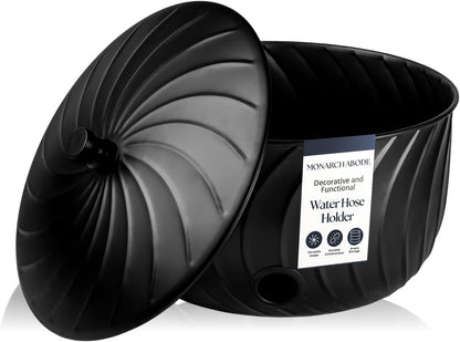 Monarch Abode Decorative Garden Hose Holder with Lid, Matte Black Storage for Outdoor Use, 100 ft Water Hose Pot for Outside, Wave Embossed Metal Pot with Drainage, Garden Storage Organizer