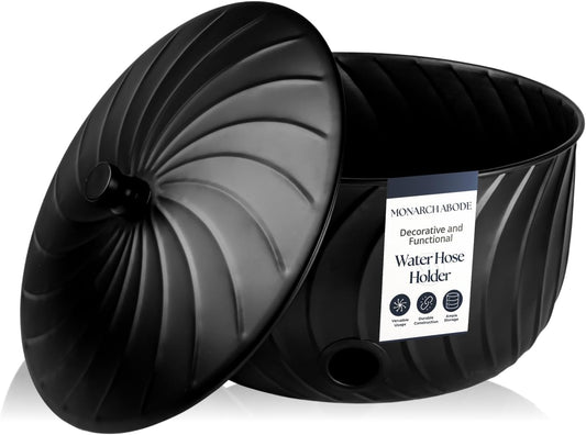 Monarch Abode Decorative Garden Hose Holder with Lid, Matte Black Storage for Outdoor Use, 100 ft Water Hose Pot for Outside, Wave Embossed Metal Pot with Drainage, Garden Storage Organizer