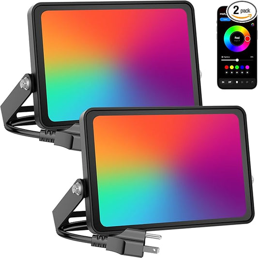 Onforu LED Flood Light Outdoor 25W 2000LM, Color Changing Led Stage Lights Bluetooth APP Control Uplighting, 2 Pack 2700K RGBW Uplights for Events, Spot Lights 16 Million Colors Music Sync, IP66