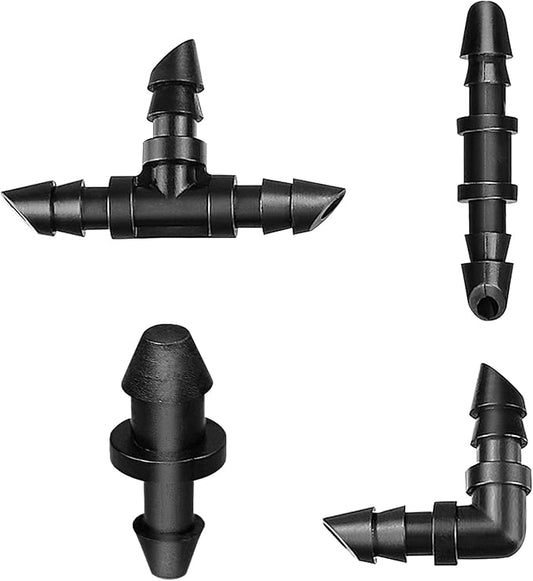 1/4 Inch Drip Irrigation Fittings Kit, 130 Pieces Drip Irrigation Parts for 1/4" Irrigation Tubing for Garden Lawn, Drip Line Barbed Connectors - 60 Couplings, 40 Tees, 20 Elbows, 10 End Plugs