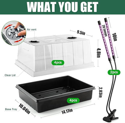 Seed Starter Tray with Grow Lights – 4 Pack Seedling Trays with 5" Humidity Domes & 4 LED Light Heads, Adjustable Timer, Full Spectrum for Indoor Germination, Herbs, Vegetables, Flowers