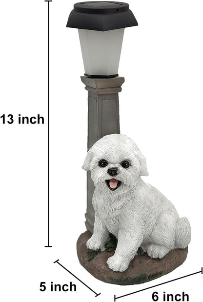 Solar Dog Garden Statues with Lantern, Resin Bichon Dog Sculpture with Warm White Light for Outside Lawn Porch Patio