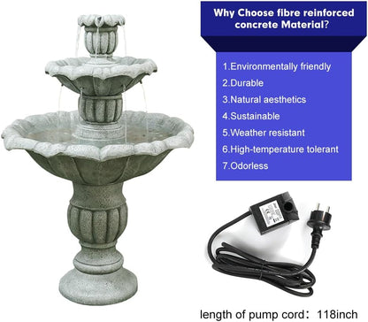 SunJet 39.3” High Modern Concrete Outdoor Water Fountain - 3 Tiered Large Floor Water Fountain and Waterfalls with Electric Pump for Garden, Patio, Yard, and Deck Decor, Featuring Natural Stone Look