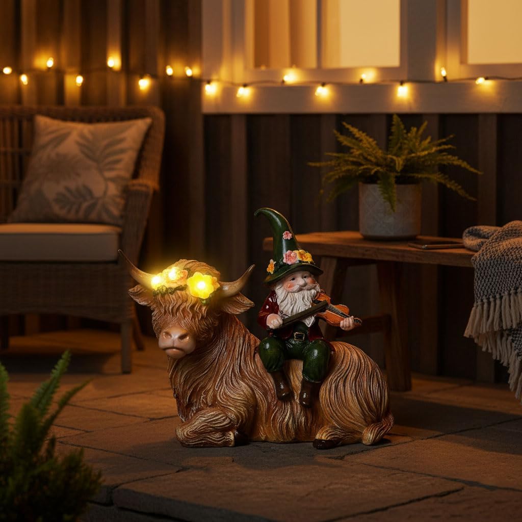 Solar Highland Cow Figurines for Garden with Gnome Playing the Violin 6.7"Resin Garden Gnomes Outdoor Patio Yard Lawn Porch Decor Birthday Housewarming Gifts for Women Mom Grandma Wife Sister Friend