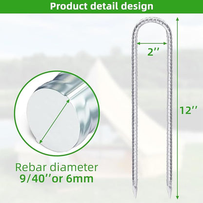 Trampoline Stakes Anchors High Wind 12inx6mm Galvanized U Hook 4pcs Rebar Stakes – Heavy Duty Ground Anchors for Trampoline,Yard & Inflatable,Landscape Metal Stakes for Outdoor Decorations
