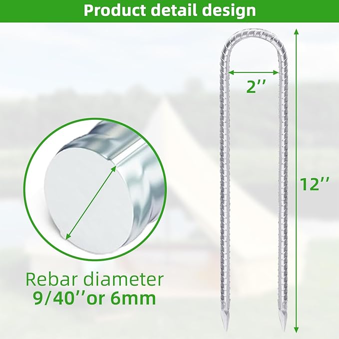 Trampoline Stakes Anchors High Wind 12inx6mm Galvanized U Hook 6pcs Rebar Stakes – Heavy Duty Ground Anchors for Trampoline,Yard & Inflatable,Landscape Metal Stakes for Outdoor Decorations