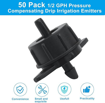 50 Pack 1 GPH Pressure Compensating Drip Irrigation Emitters, Premium Plastic Drip Sprinklers for 1/4" Tubing for Indoor/Outdoor Plants, Gardens & Landscapes