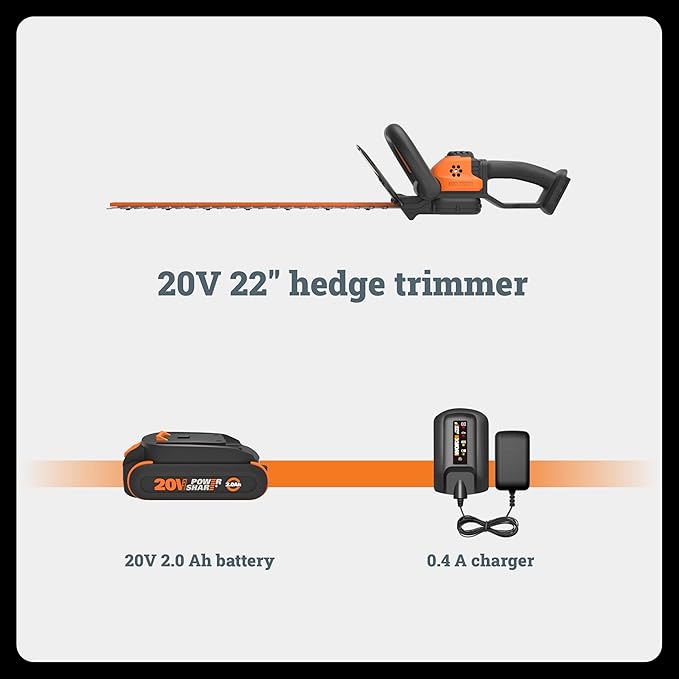WORX WG261.9 22" 20V Cordless Hedge Trimmer, Battery & Charger Not Included