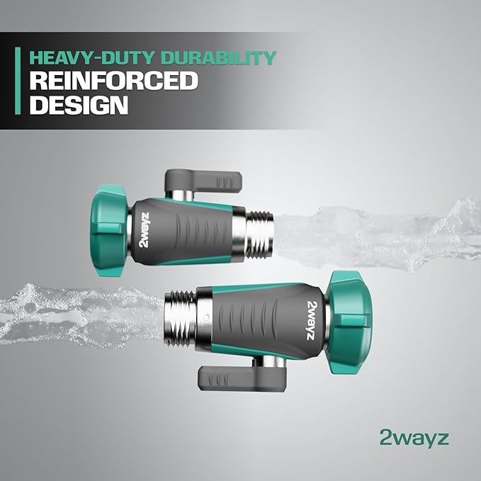 2WAYZ 0° Garden Hose Shut Off Valve - 3/4" Inlet & Outlet Heavy Duty Hose Connector - Full Metal Water Adapter with Large 1.6" Knob - 2.3 x 1.9 x 3.6 Inch Outdoor Fitting (Green and Black)