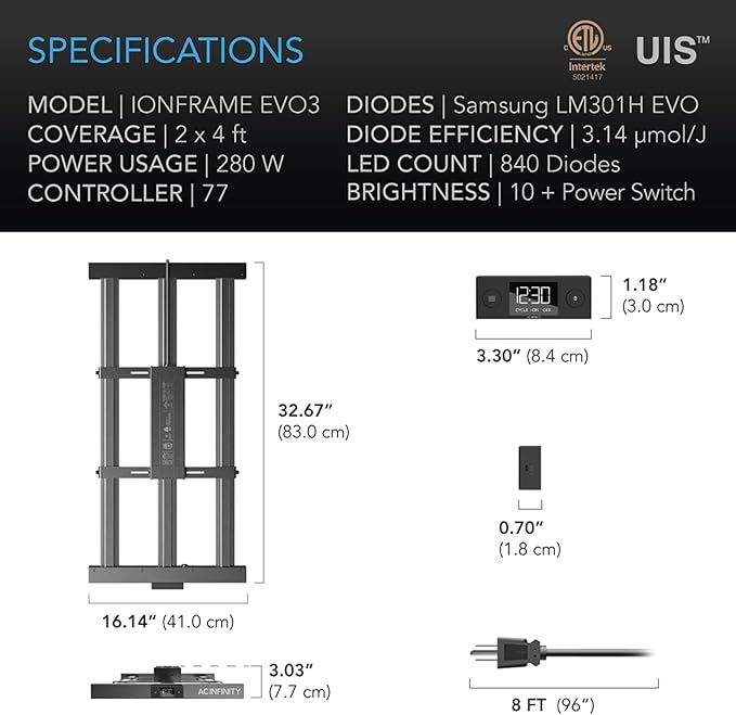 AC Infinity IONFRAME EVO3, Samsung LM301H EVO Bar LED Grow Light 2x4, 840 Diodes, with Schedule Controller, 280W Full-Spectrum Commercial Plant Lights for Indoor Growing in Grow Rooms & Greenhouses