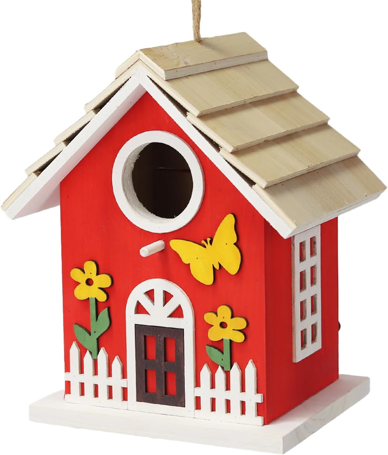 Red Wooden Bird House for Outside, Nesting Box with Sturdy Rope, Haing Bird Houses for Wren, Cardinal, Swallow, Sparrow, Finch