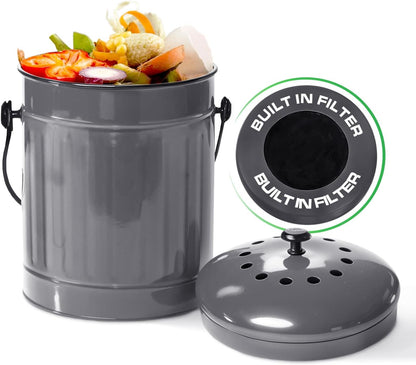 Plexon Countertop Compost Bin Kitchen with Lid, Gray 1.5 Gallon Odorless Container, Steel Food Compost Bucket for Kitchen with Charcoal Filter, Compost Pail for Countertop