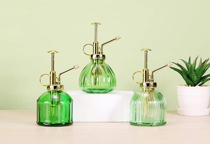 Glass Plant Mister Spray Bottle, 6.5" Green Glass Water Spray Bottle with Gold Top Pump Small Watering Can, Small Plant Sprayer Mister for Indoor Outdoor House (Green+Gold A)