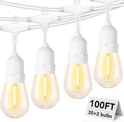 SUFEIMAS 100FT White Outdoor String Lights,IP65 Waterproof 30+2 Plastic LED Bulbs 2700K White Patio String Lights for Outside Porch, Pergola, Backyard, Bistro, Garden,Wedding Lights