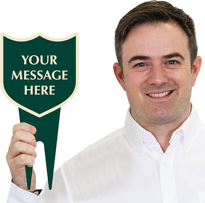 SmartSign Custom Designer Yard Stake Sign - Add Your Message, 6"x12", Vintage Shield Shape, 120 mil Aluminum Composite Sign w/Overcoat for Outside, Integrated Ground Stakes, Reflective Option, USA-Made