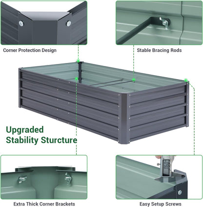 Ohuhu Metal Raised Garden Bed Outdoor 6x3x1.5 FT Reinforced Galvanized Rustproof Colored Steel Planter Boxes for Vegetables, Heavy Duty Raised Beds for Growing Flowers Herbs Succulents