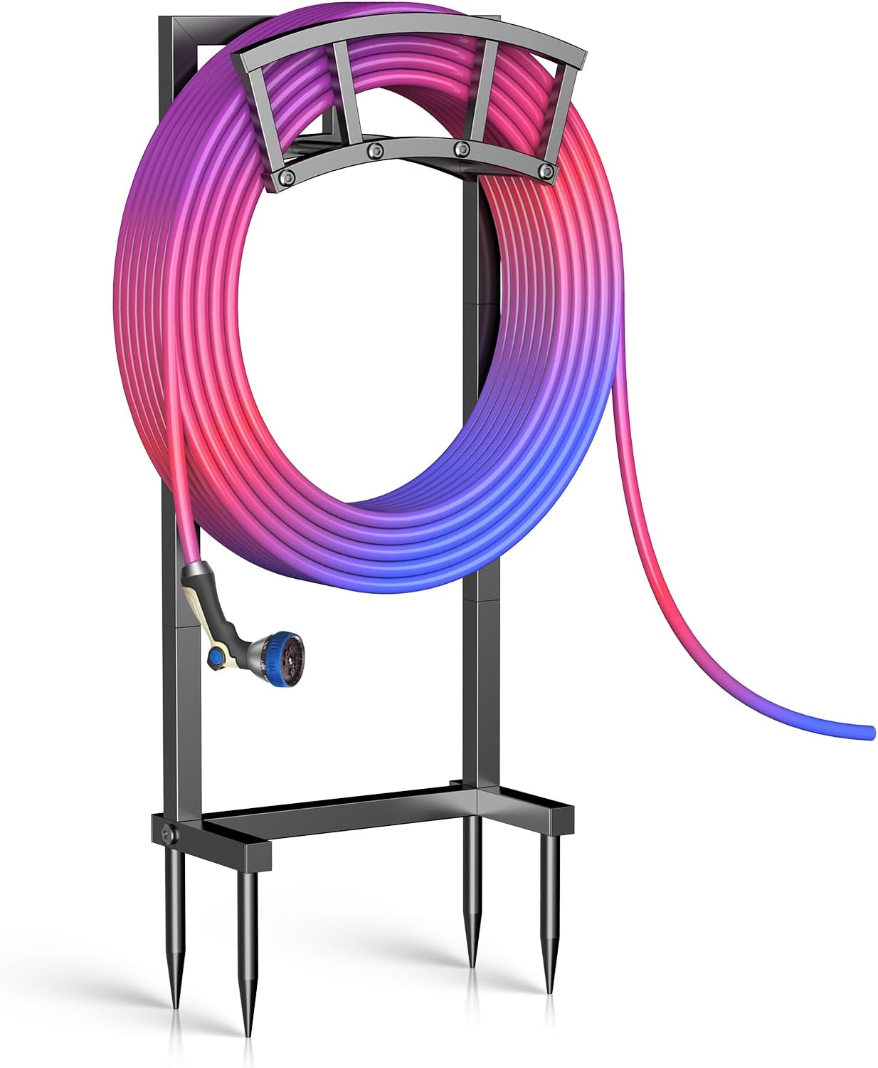 Garden Hose Holder Freestanding, Outdoor Heavy Duty Water Hose Holder Reel with 4 Spikes Holds 150-ft Water Pipe, Detachable Metal Hose Storage Stand Hanger Rack for Outside Yard Lawn Farm, Black